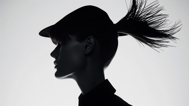 Silhouette of a woman in profile, wearing a hat, with ponytail, set against a white backdrop