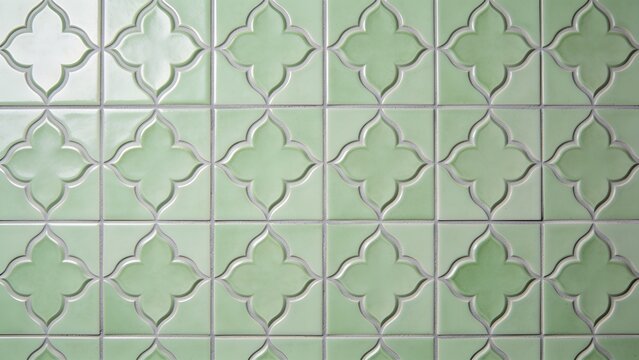 repeating pattern of green tiles arranged in a Moroccan or arabesque style. Each tile is shaped like a quatrefoil, featuring a symmetrical, clover-like design. The tiles are a soft, muted green color,