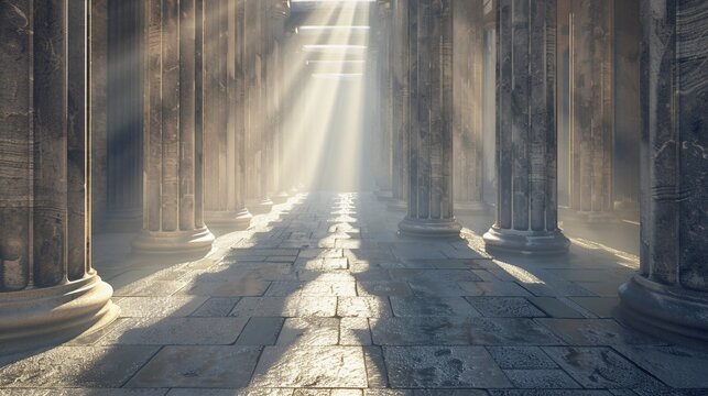 Stone colonnade bathed in ethereal sunlight, long perspective, ancient building aesthetic