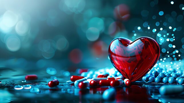 3D red heart with colorful pills and glowing blue bokeh. Dynamic layout targeting advanced cardiovascular drugs, pharmacy and hypertension.