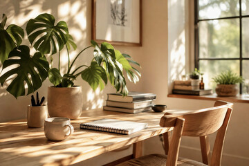 Fototapeta premium Cozy Home Office Workspace with Monstera Plant and Notebook in Warm Sunlight
