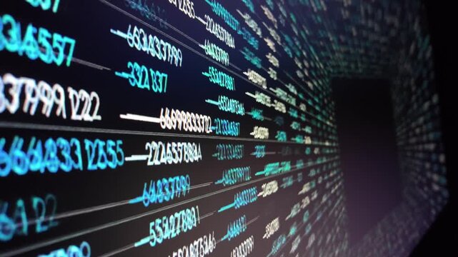 Streaming lines of blue computer data code on a black screen display technology
