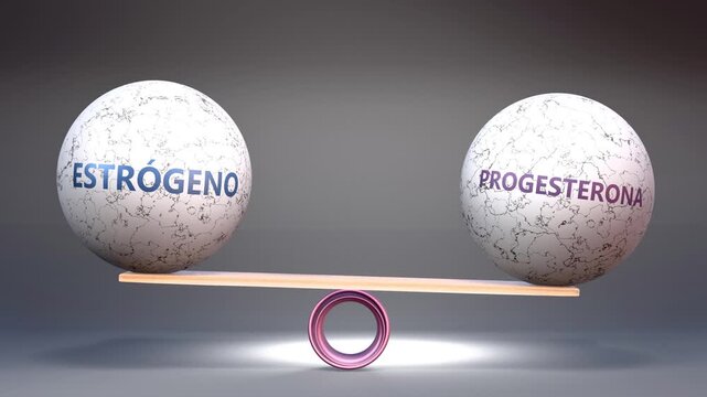 Estr&oacute;geno y progesterona - equilibrio sobre una balanza: el estr&oacute;geno en un platillo, la progesterona en el otro. El equilibrio hormonal femenino.