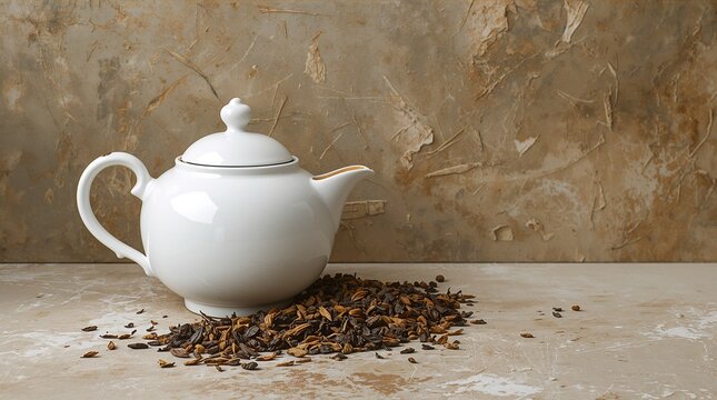 White Porcelain Teapot with Loose Leaf Tea on Rustic Stone Background Tea Concept
