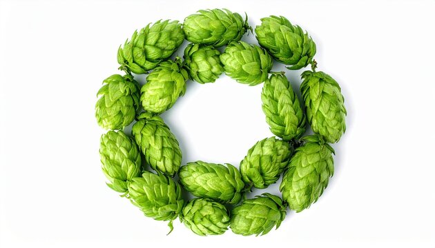 Fresh Green Hops Cones Arranged in a Circle on White Background for Brewing and Beer Production