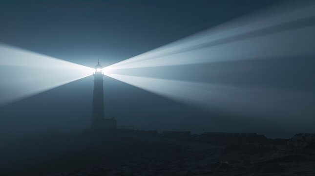 Glowing Lighthouse Beam Cutting Through Dense Foggy Night Guidance Concept