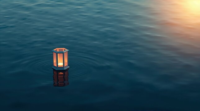 Glowing Lantern Floating on Calm Water at Sunset Hope Concept