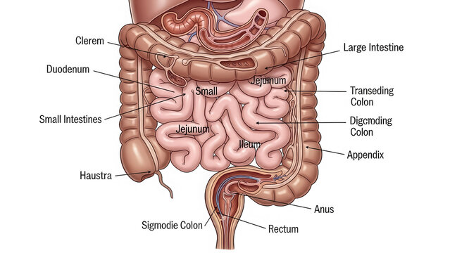 Detailed anatomical diagram of the human digestive system with labels isolated on transparent background