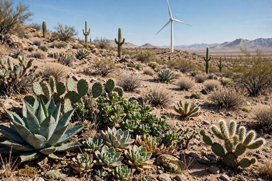 Wind turbine in desert landscape with cactus and succulents, renewable energy and sustainable power generation for green data center