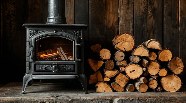 Cast Iron Wood Burning Stove with Stacked Firewood Rustic Cabin Warmth Concept