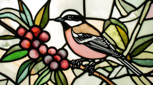 Stained Glass Bird Perching on Berry Branch Nature Decor Concept