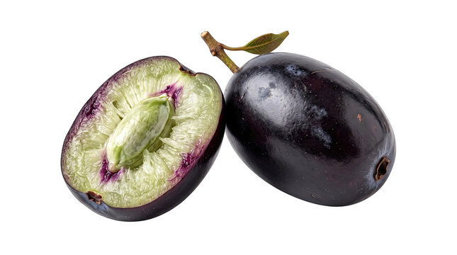Fresh whole and sliced juicy purple java plum fruit with a green seed isolated on transparent background