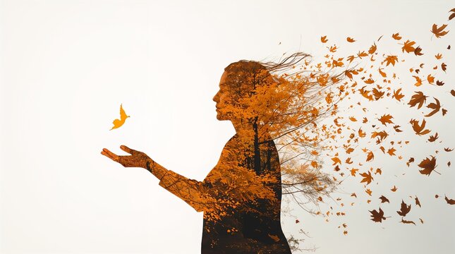 Woman Silhouette Double Exposure with Autumn Leaves Scattering Freedom Release Concept