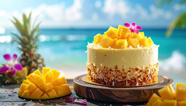 Tropical Mango Coconut Cake with Pineapple and Orchid Decoration on Beach Background
