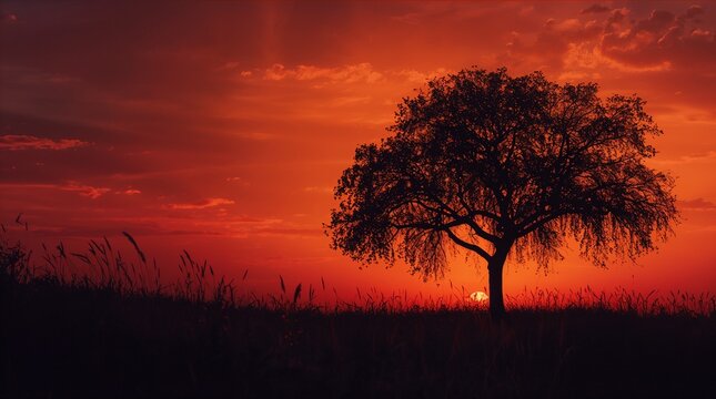 Lone Tree Silhouette Against Dramatic Red Sunset Sky Nature Landscape Concept