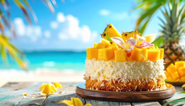 Tropical fruit cake with pineapple and mango on a beach with ocean backdrop