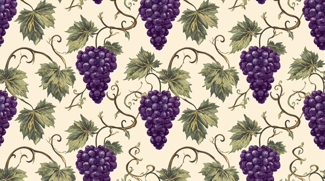 Vintage Grape Vine Seamless Pattern with Purple Clusters and Green Leaves on Cream Background