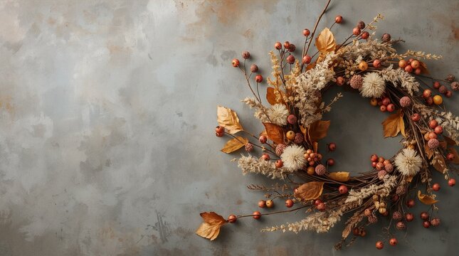 Autumn Dried Flower Wreath with Berries and Golden Leaves on Textured Gray Background