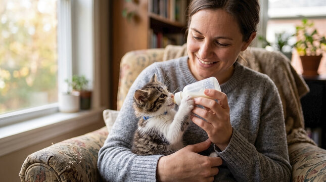 Fluffy kitten drinking milk from bottle held by smiling caregiver in cozy home setting. Young kitten drinking milk comfortably, receiving nurturing attention from person in warm indoor light.