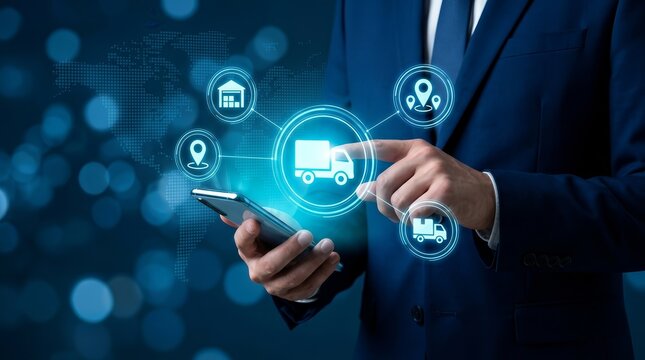Businessman touching a digital delivery truck icon to manage a global logistics network.