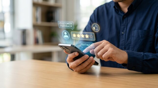 A casual man using a smartphone to provide customer feedback and star ratings.