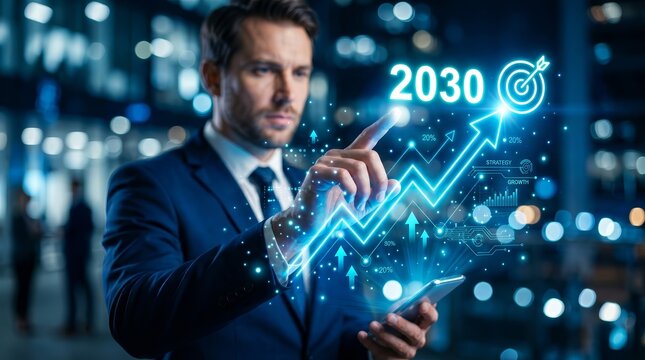 Businessman interacting with a dynamic virtual arrow graph pointing to 2030 for future growth.