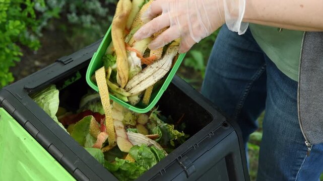 Woman throwing kitchen scraps into a compost bin in a garden	