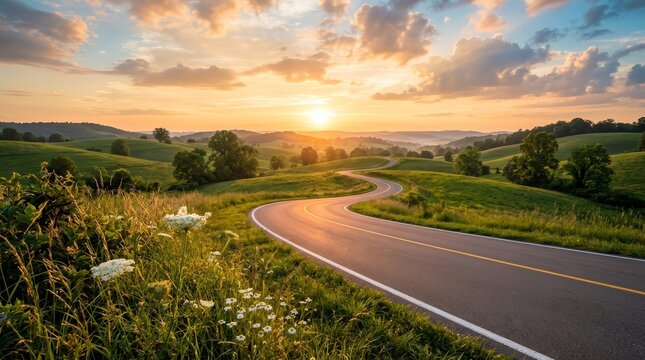 A winding road through lush green hills during a scenic sunset.