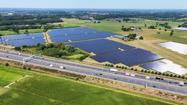 Large ground-mounted solar farm Wilp nearby Deventer in the Netherlands viewed from above