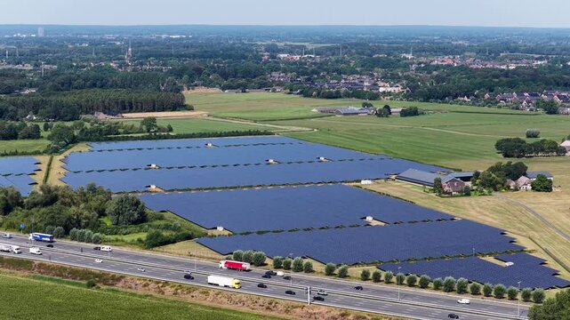 Large ground-mounted solar farm Wilp nearby Deventer in the Netherlands viewed from above