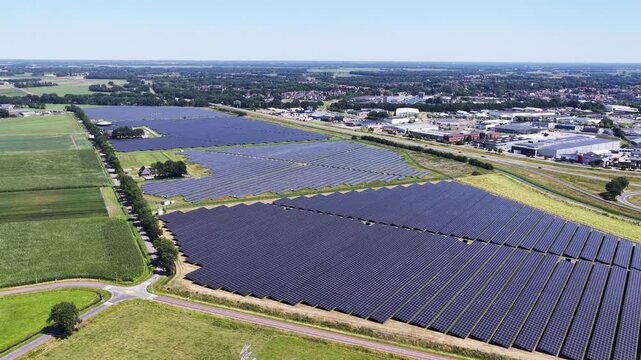 Large ground-mounted solar field nearby Deventer in the Netherlands viewed from above