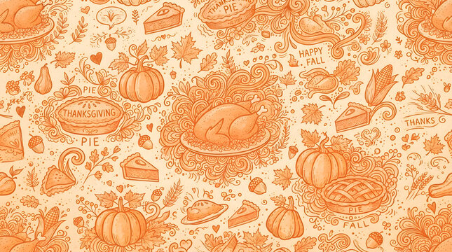 Seamless pattern featuring hand drawn illustrations of roasted turkey pumpkins autumn leaves and slices of pie for thanksgiving holiday celebration background design