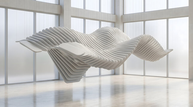 Spacious modern interior with floating parametric dynamic wooden wave structure