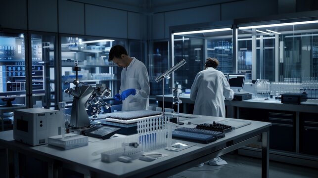Two scientists work in a sterile, modern lab, surrounded by equipment and supplies