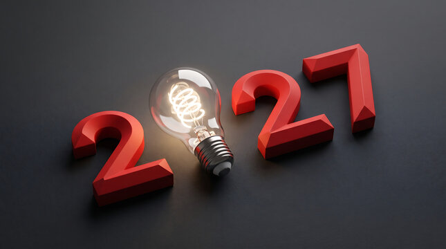 Glowing light bulb replacing the zero in the year 2027 on a dark textured background
