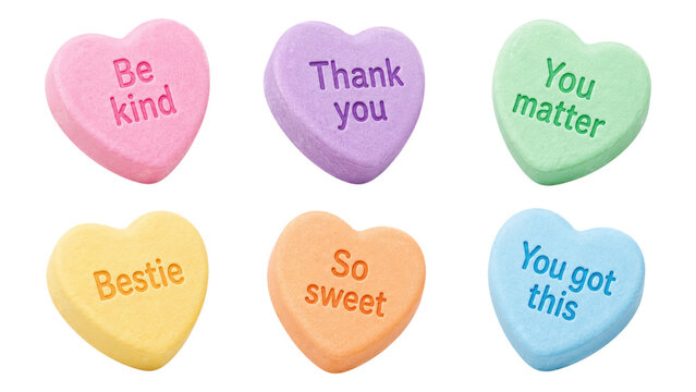 Six pastel conversation heart candies with uplifting messages - Be kind, Thank you, You matter, Bestie, So sweet, You got this - photographed on transparent background