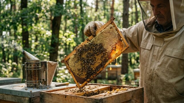 Beekeeper lifting bee covered honeycomb from hive in green forest apiary showing natural honey production pollination sustainable agriculture organic farming environment rural beekeeping craft scene