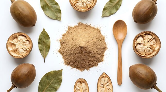 Fresh bael fruit with powder and wooden spoon arranged in a flat lay pattern for healthy food concepts. baobab powder