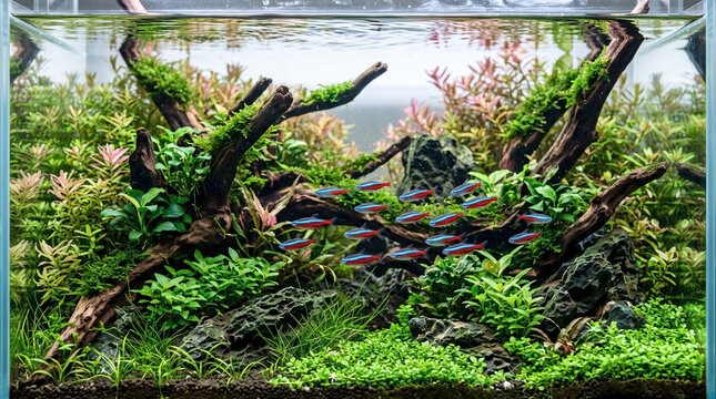 Planted aquarium features lush green plants, natural driftwood, decorative rocks. Freshwater planted aquarium provides serene habitat for schooling fish. Ideal planted aquarium for home decor.