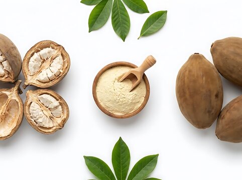 Fresh whole and sliced lucuma fruit with a wooden bowl of healthy organic powder and green leaves. baobab powder