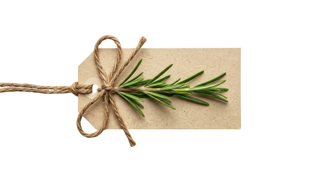 Paper gift tag with fresh rosemary twig and twine string isolated on transparent background