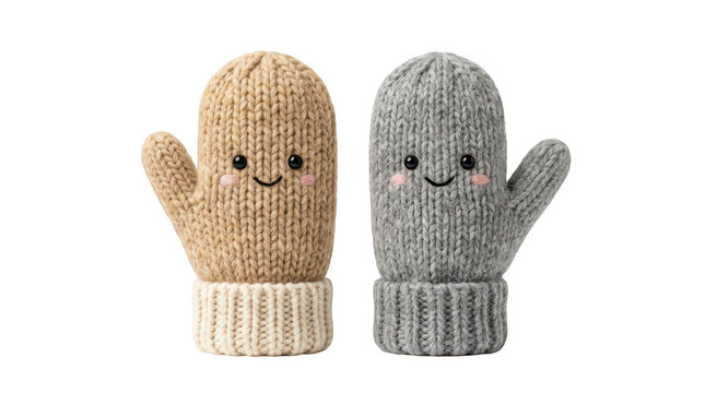 Cute fuzzy winter mittens with happy faces isolated on transparent background