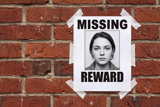 Missing person flyer with a portrait of a young woman taped to a red brick wall