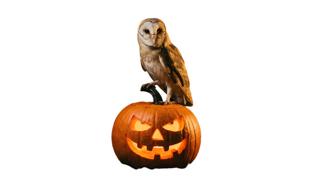 Barn owl wearing glasses perched on a glowing jackolantern isolated on transparent background