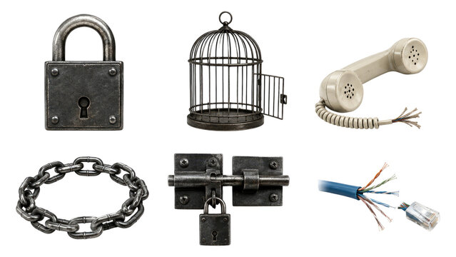 Assortment of metal security and communication objects: padlocks, chain, bolt latch, birdcage, vintage telephone handset with cut cord, frayed ethernet cable with exposed wires