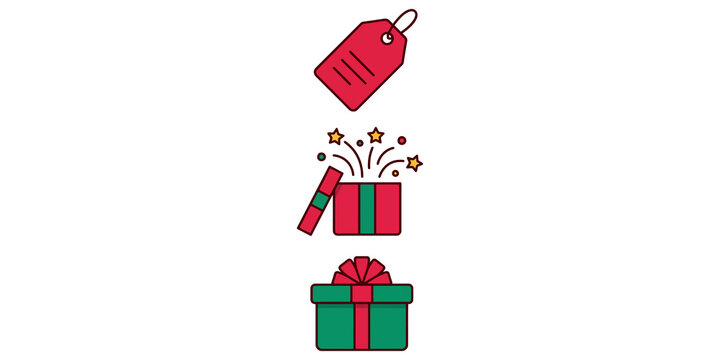Gift box tag and explosion for celebration surprise and festive occasion event decoration representing present offering special bonus or discount shopping promotion marketing.