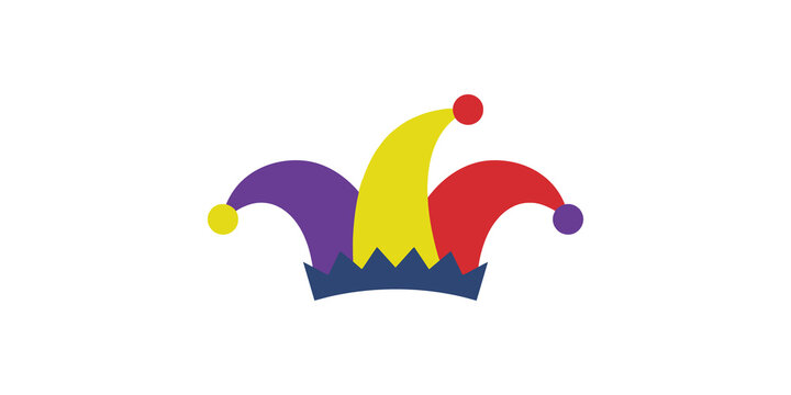 A festive jester hat with three colorful points in red, yellow, and purple, each topped with a small ball, set against a transparent background for whimsical designs.