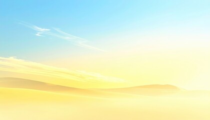 Fototapeta premium Golden hazy dunes softly blend into the bright sky, light glowing. Single wisp of cloud in the bright blue sky above