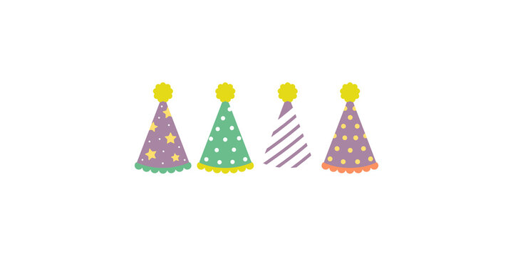 Four colorful party hats with different patterns including stars dots and stripes isolated on transparent background festive design elements for celebrations birthdays and holidays event.