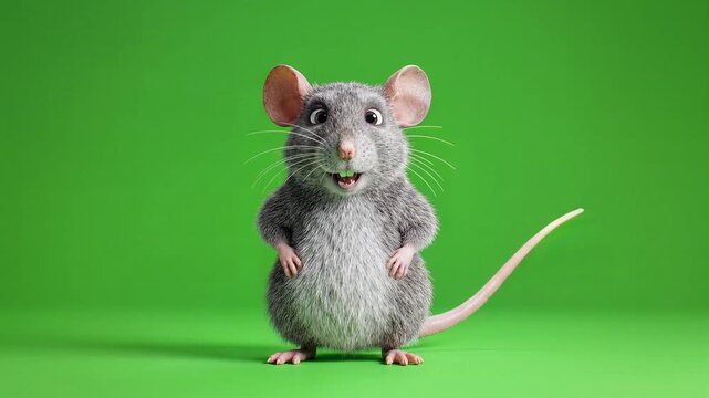 3D Animated Grey Mouse Character on Green Screen Background